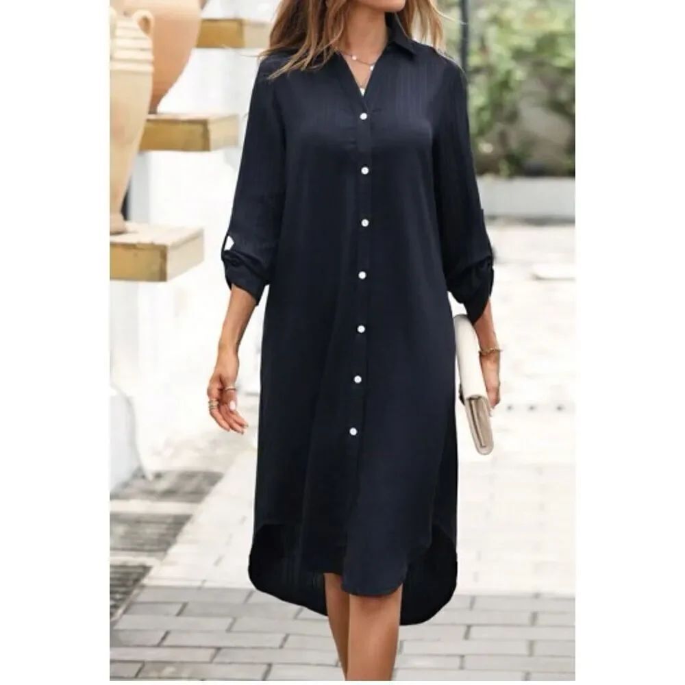 GGUHHU Women’s Chic Button Down Long Sleeve Midi Black Pockets Shirt-Dress S